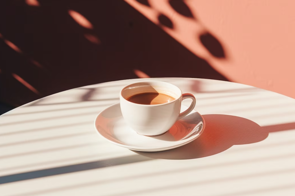 cup of coffee on white round table and sun rays