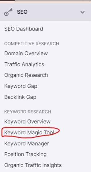 choosing Keyword Magic Tool in the drop-down menu