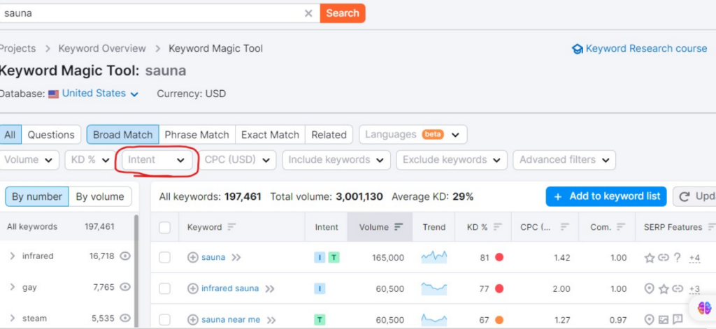 filtering the results by intent